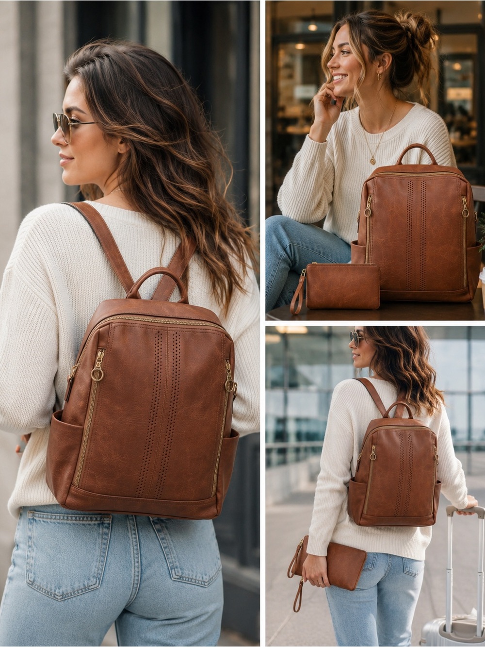 Cognac Vegan Leather Backpack Purse Convertible Travel Bag NWOT